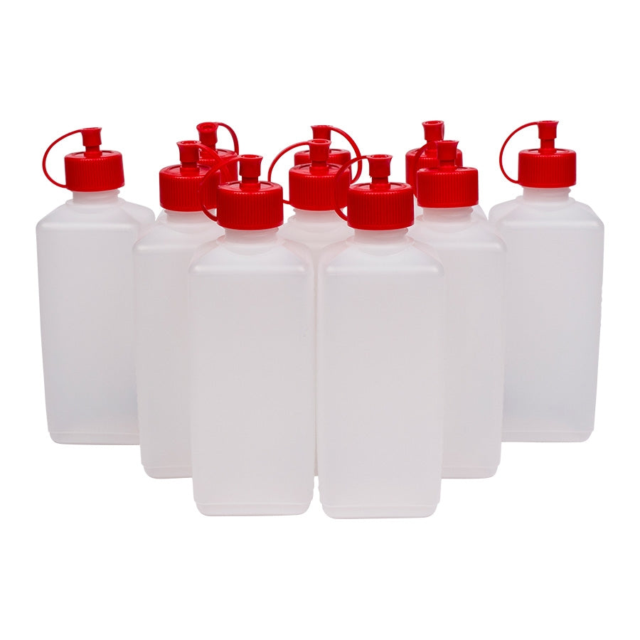 Bouteilles carres, transparentes avec bouchons doseurs rouges, 250 ml - jeu de 10